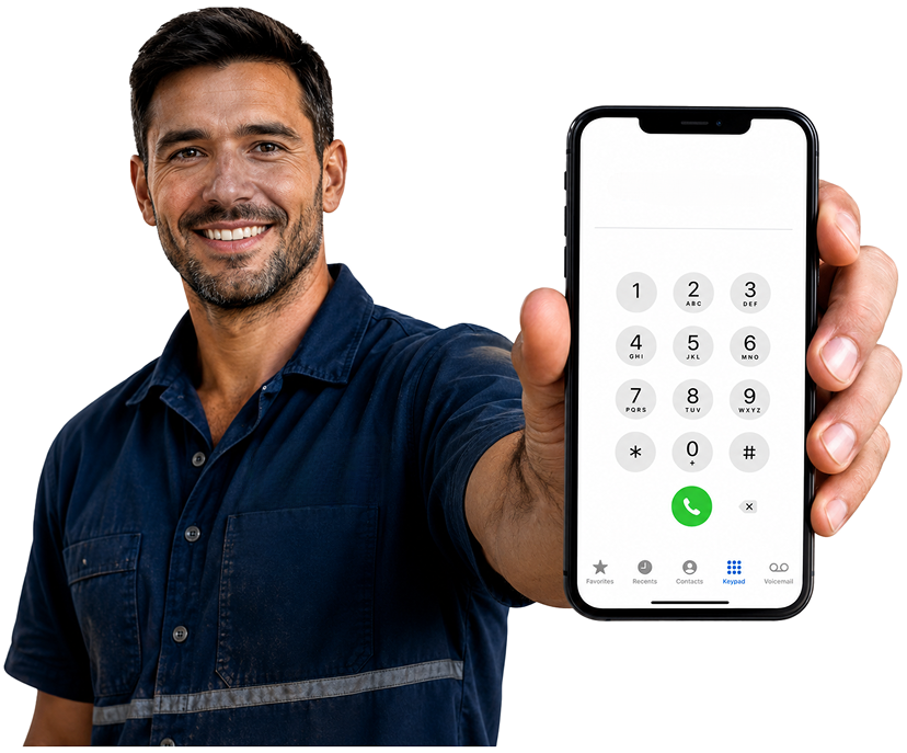 Croydon Blocked Drains plumber holding a phone — call 1300 261 965