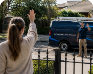 Customer waving goodbye to a Croydon Blocked Drains plumber